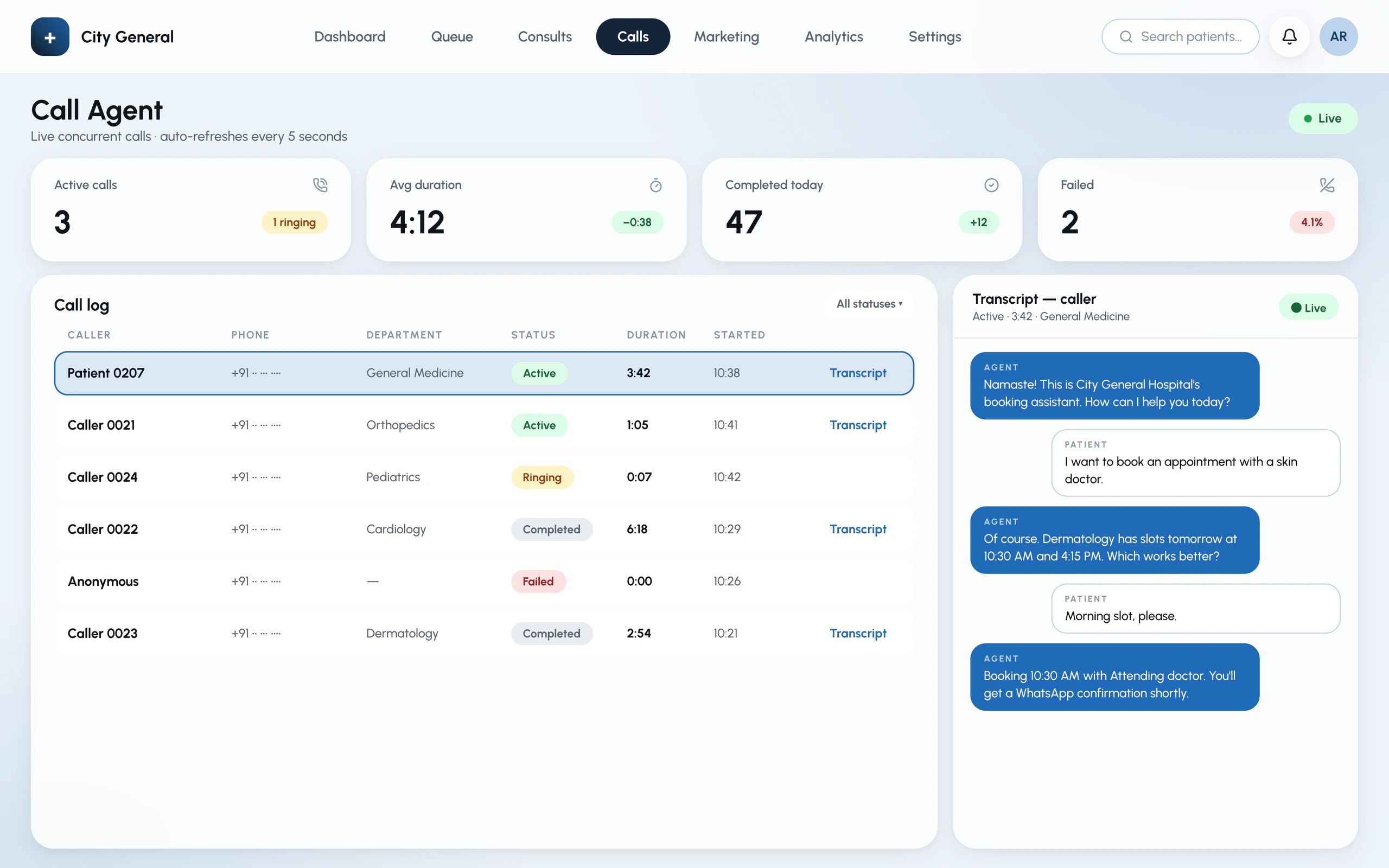 AI Front Desk call log in the SpatiaMed portal: live calls, durations and outcomes, with a call transcript (example data)