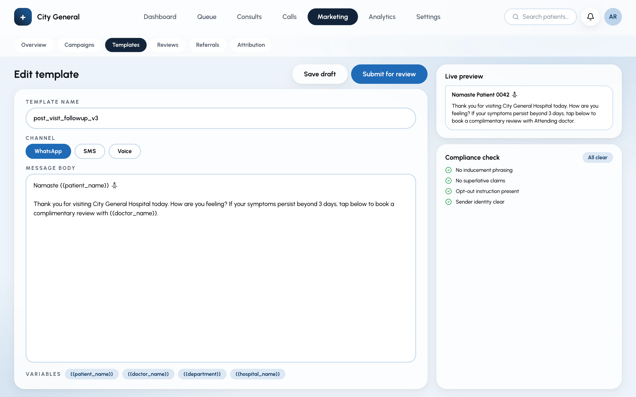 CareLoop template editor: a WhatsApp follow-up message with a live preview and a compliance check (example)