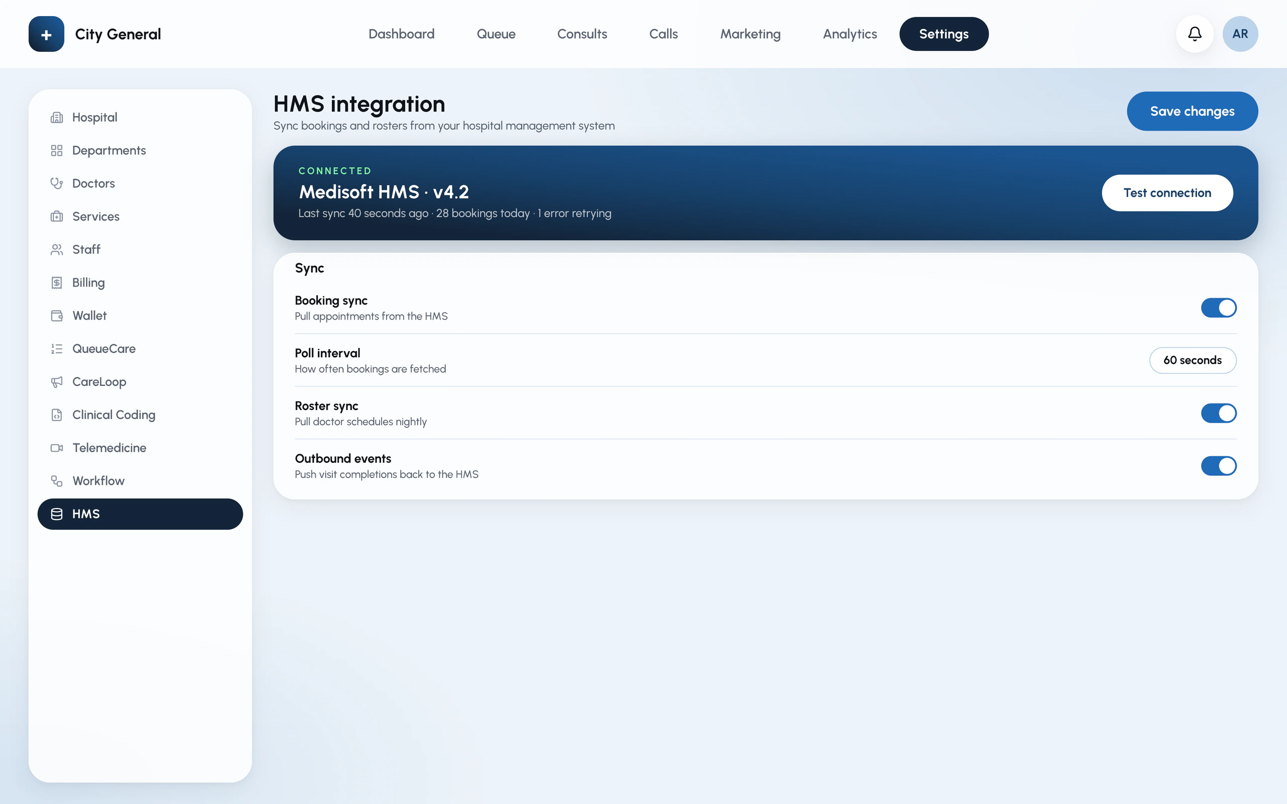HMS integration settings in the SpatiaMed portal (example)