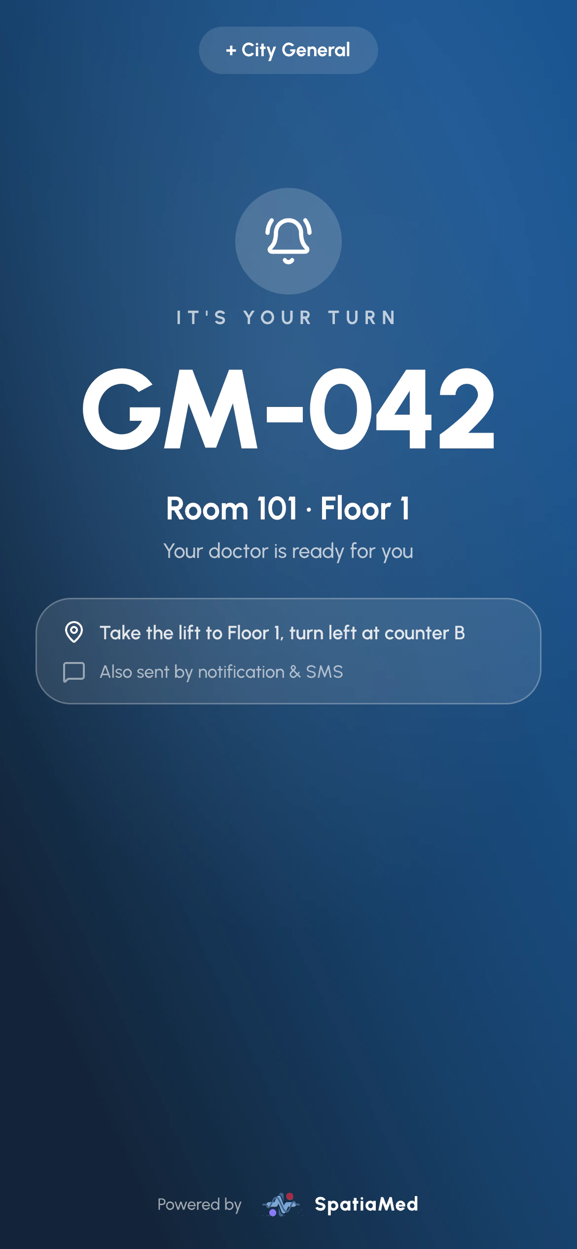 Patient phone showing it is their turn, with the room and floor (example)