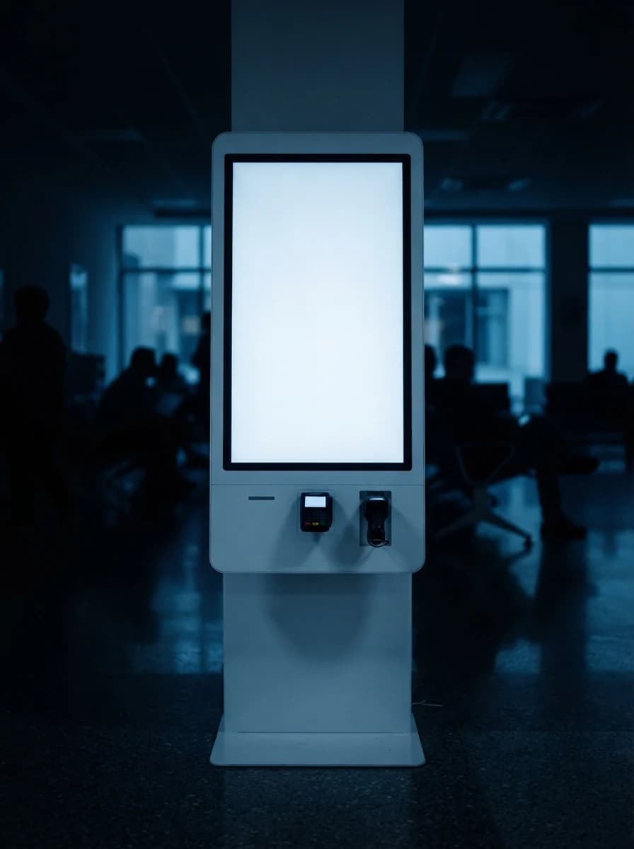 A self check-in kiosk in a clinic waiting area, showing a queue token